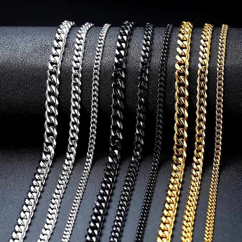Basic Cuban Chain Necklace for Men Women,Stainless Steel Curb Link Chain Collar,3/5/7/9/11Mm Width Black Gold Retro Color Choker
